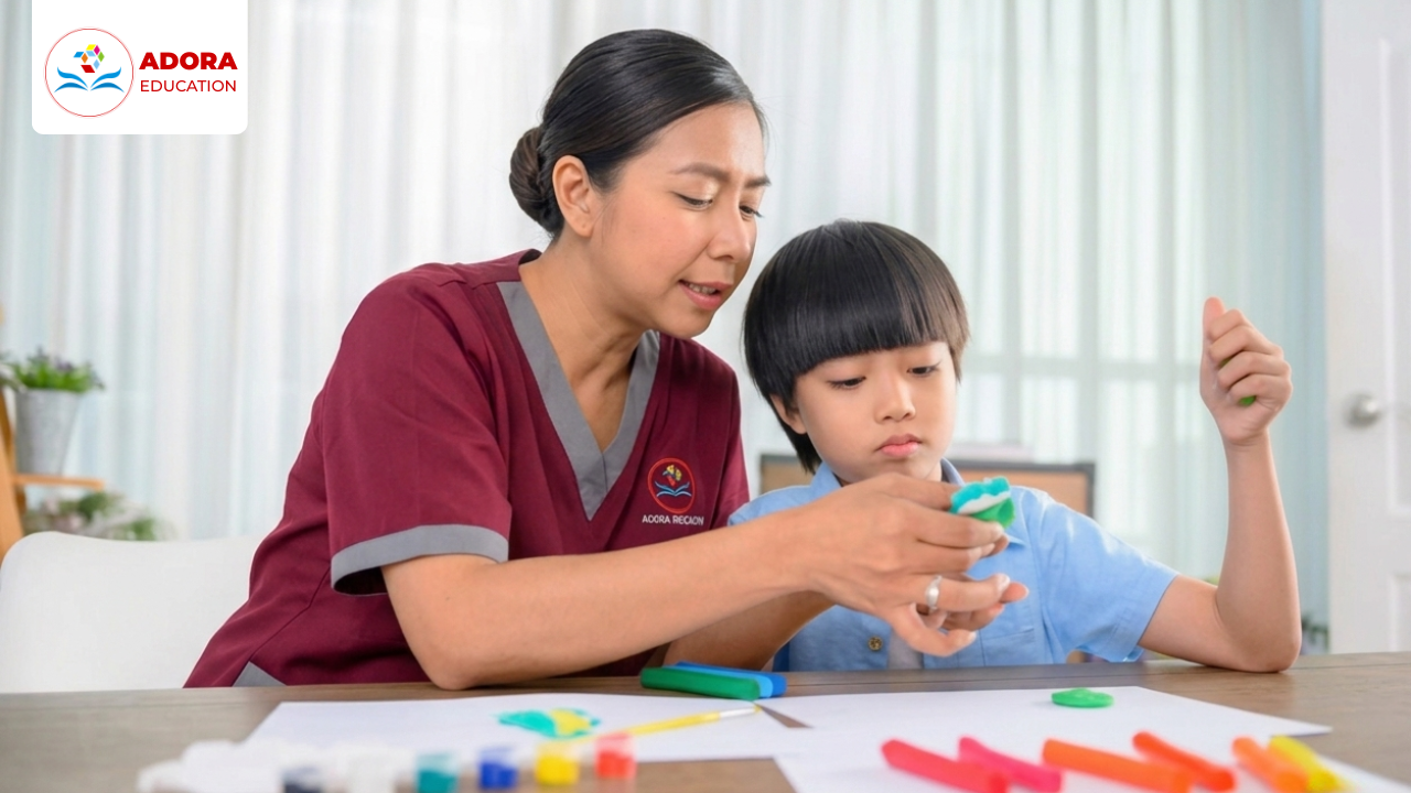 giáo viên hướng dẫn bé hoạt động 