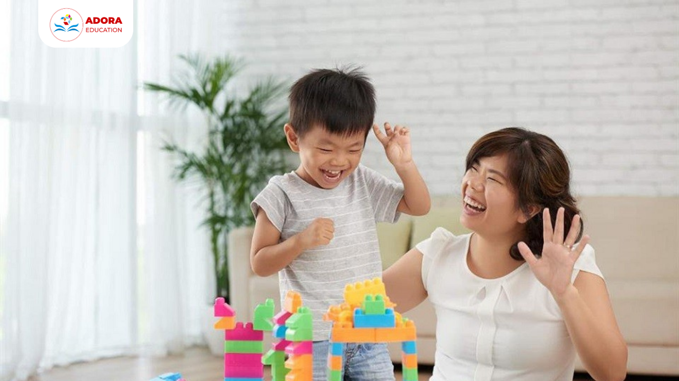 mẹ chơi cùng bé tại nhà phát triển ngôn ngữ
